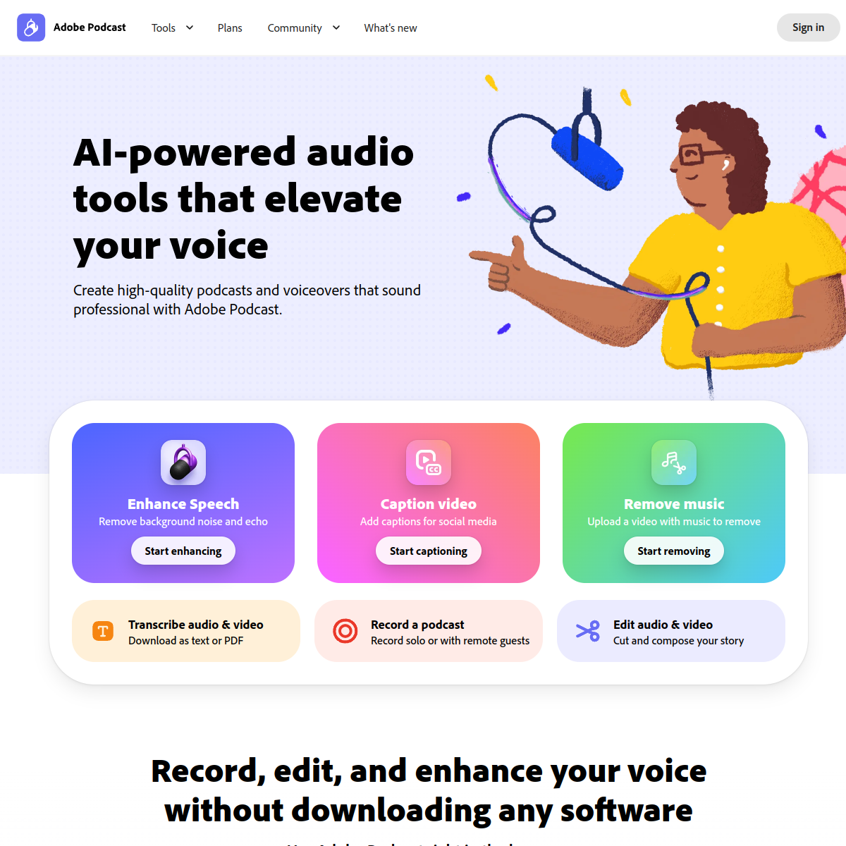 Adobe-Podcasts Produktoberfläche