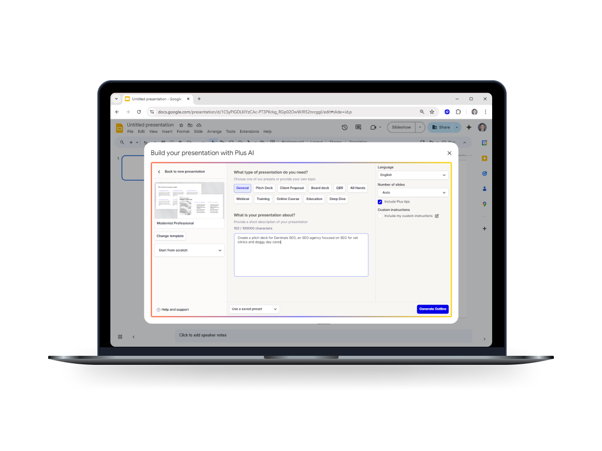 KI für Google Slides Produktoberfläche