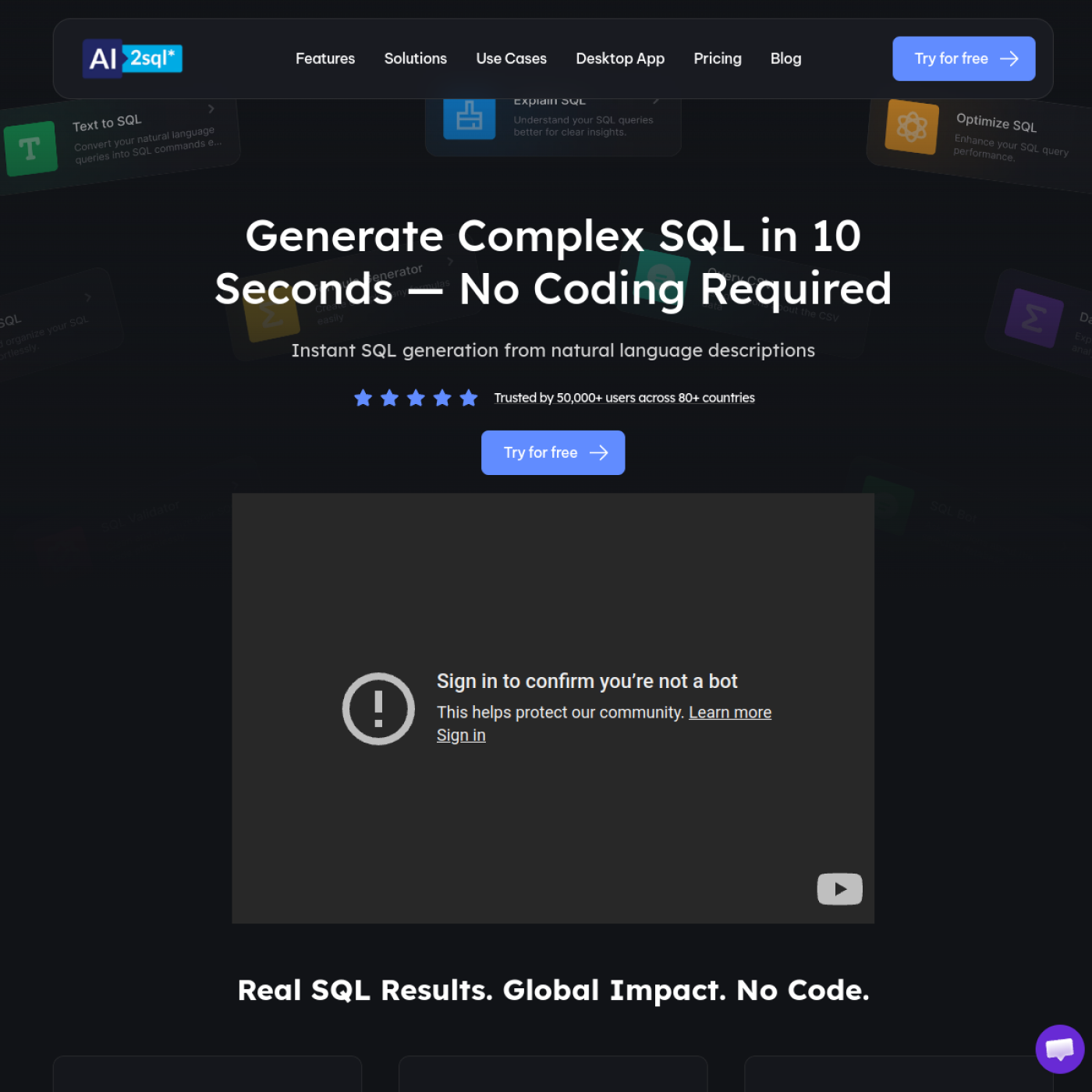 AI2sql उत्पाद इंटरफेस