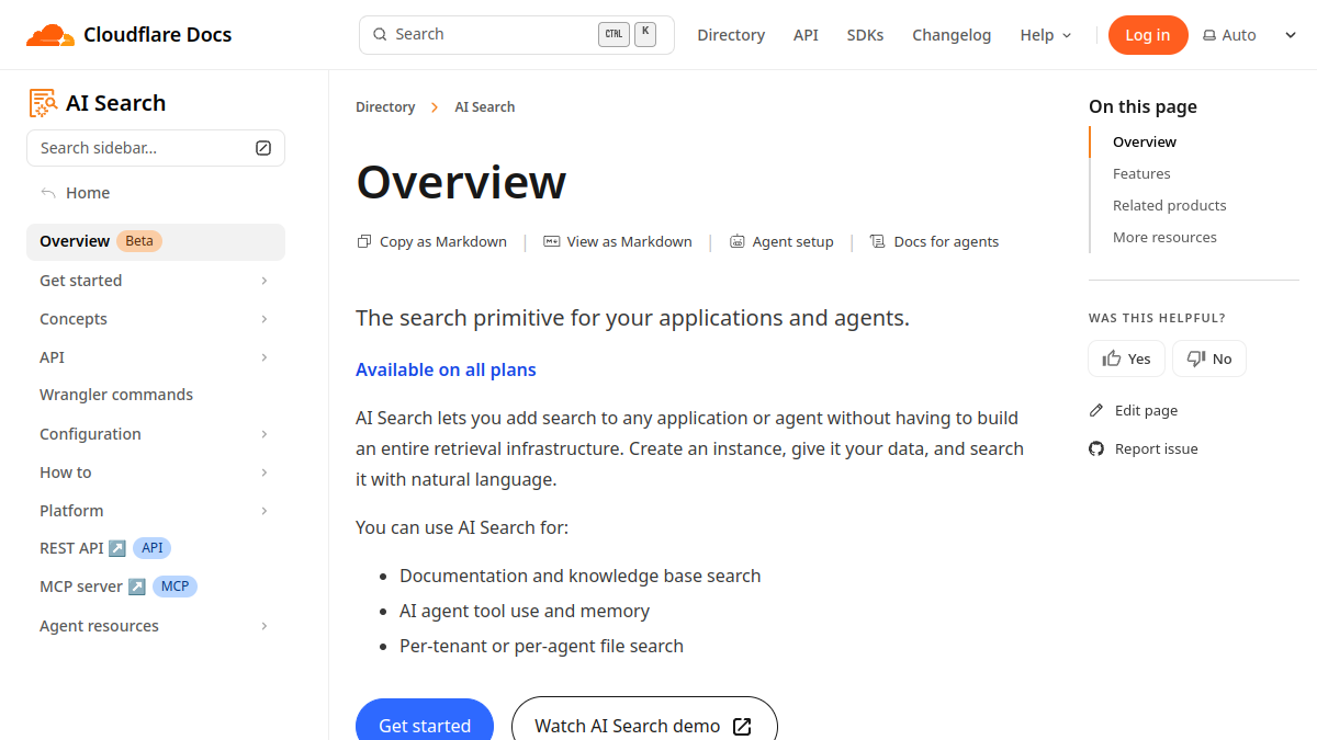 Cloudflare AutoRAG Produktoberfläche