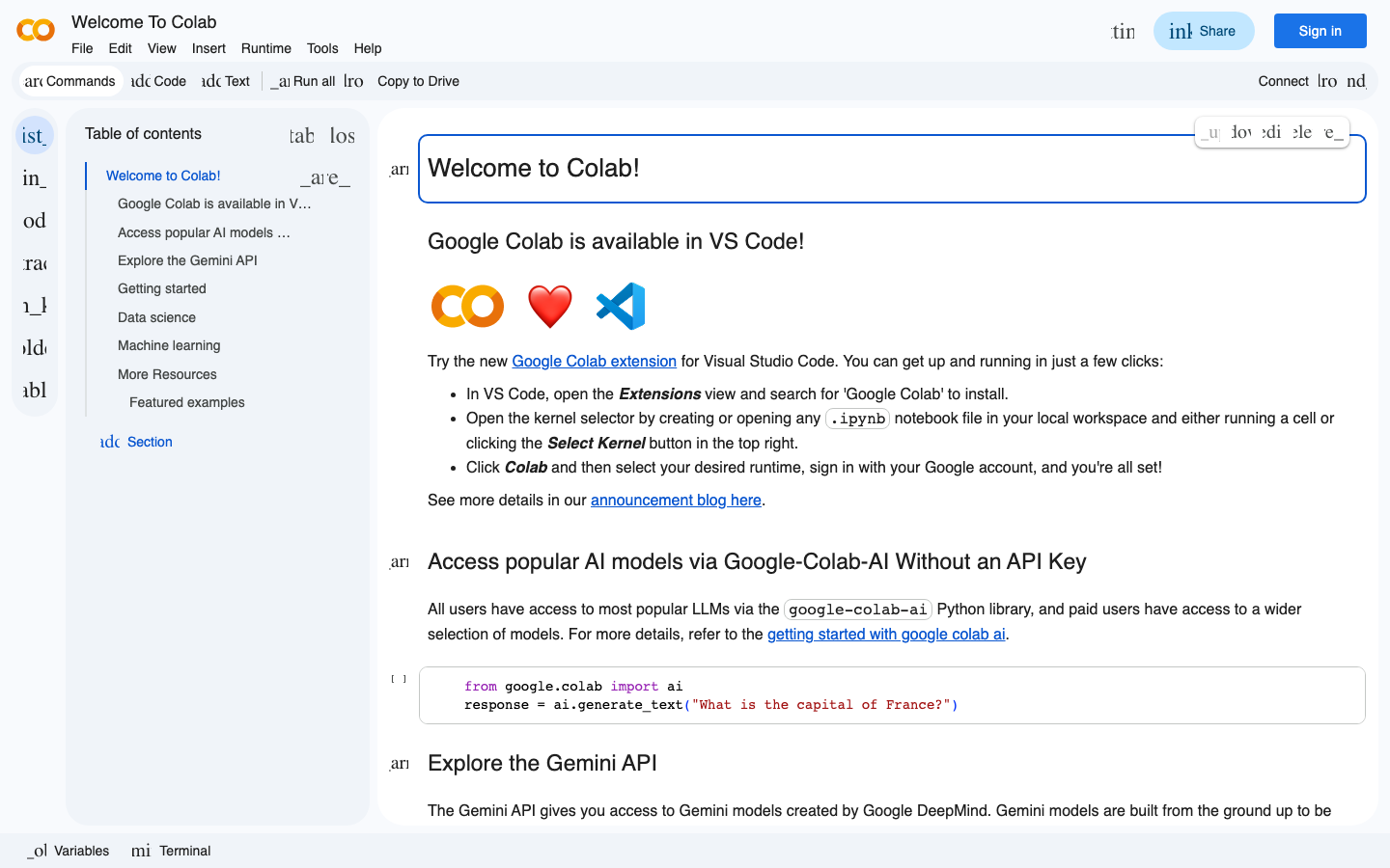 Google Colab 产品界面