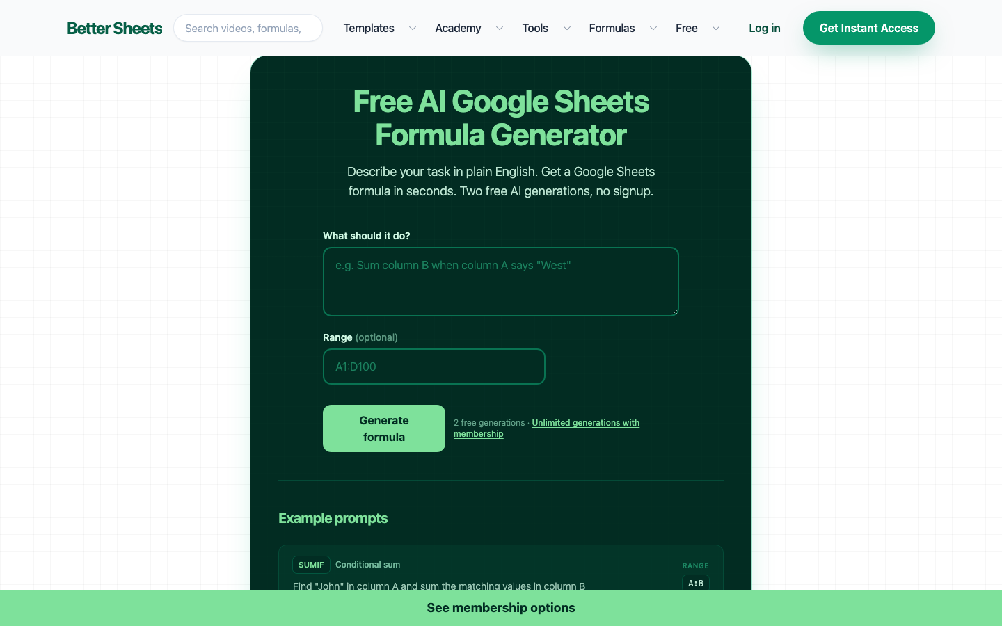 Google Sheets Formula Generator 产品界面