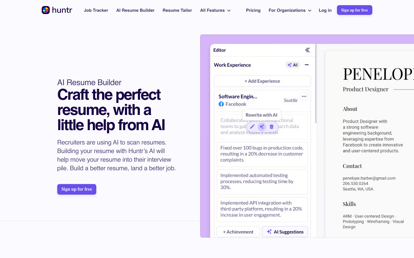 Huntr AI Resume Builder 产品界面