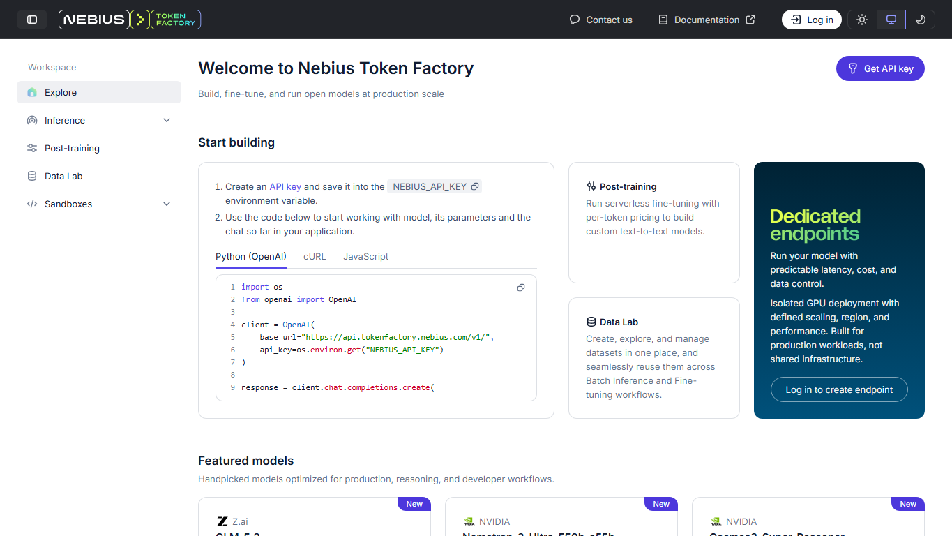 Nebius AI Studio 产品界面